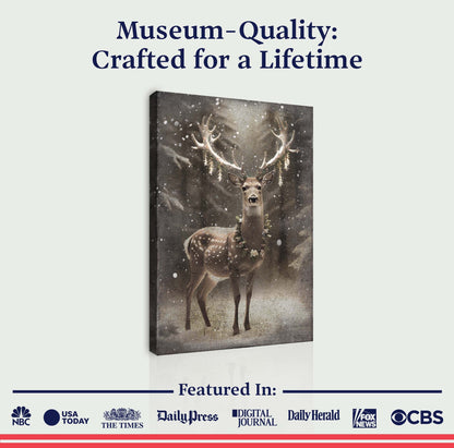 Vintage Winter Deer Christmas Wall Art canvas by Tailored Canvases; tall vertical deer scene with snowfall on Tampa Home & Garden Store