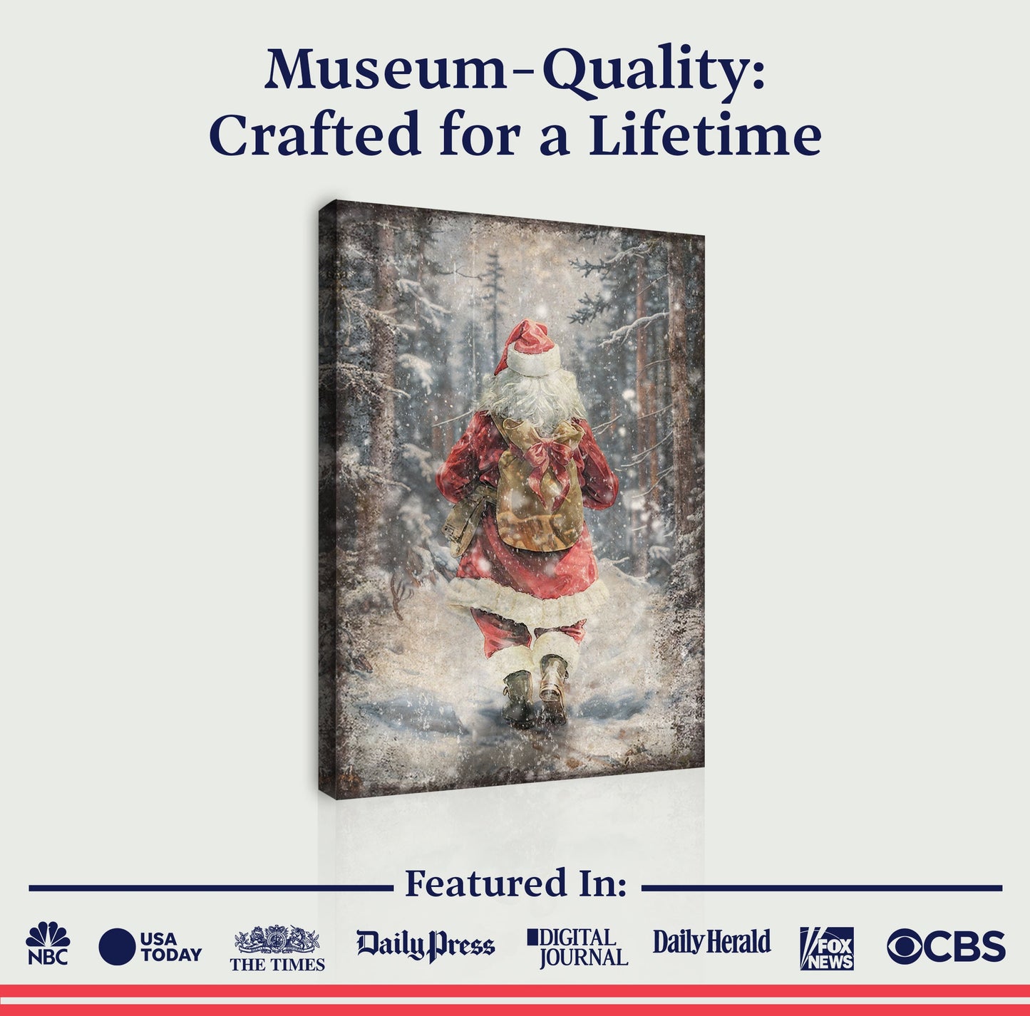 Vintage Santa Claus in Winter Forest canvas wall art with red clothing in a snowy forest on Tampa Home & Garden Store