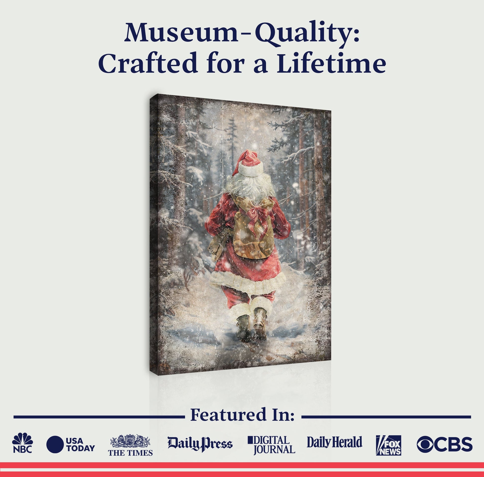 Vintage Santa Claus in Winter Forest canvas wall art with red clothing in a snowy forest on Tampa Home & Garden Store