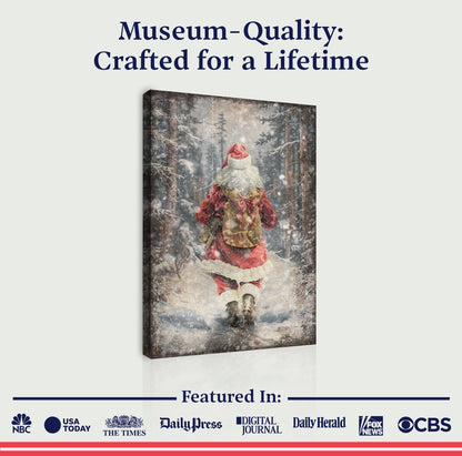 Vintage Santa Claus in Winter Forest canvas wall art with red clothing in a snowy forest on Tampa Home & Garden Store