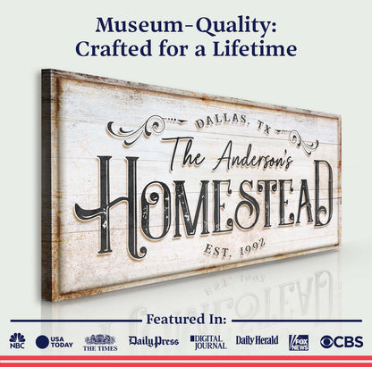 Homestead Sign VII canvas by Tailored Canvases, distressed wood plaque with vintage lettering on Tampa Home & Garden Store