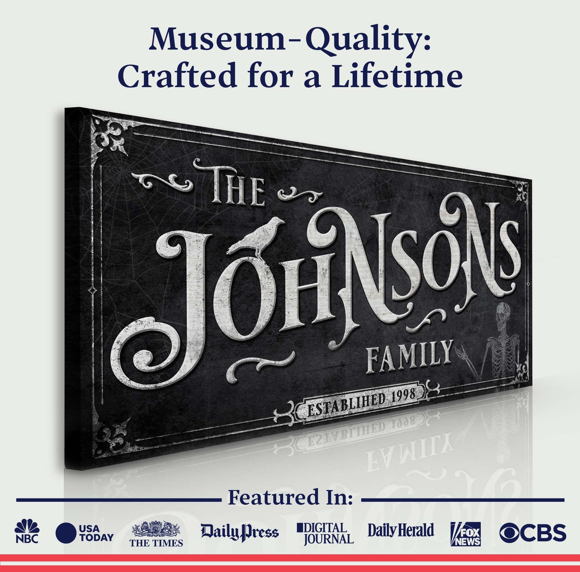 Personalized Gothic Sign III canvas with black textured backdrop and white lettering on Tampa Home & Garden Store