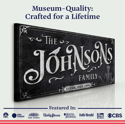 Personalized Gothic Sign III canvas with black textured backdrop and white lettering on Tampa Home & Garden Store