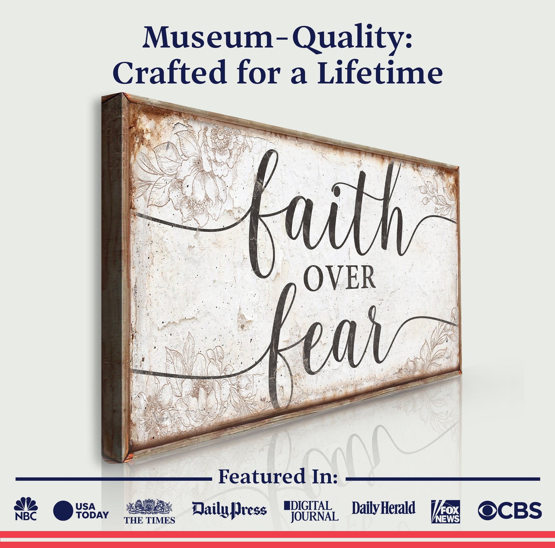 Faith Over Fear canvas sign by Tailored Canvases with rustic wood frame and floral border on Tampa Home & Garden Store