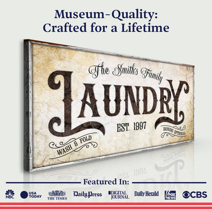 Canvas Family Laundry Sign II by Tailored Canvases with vintage parchment and brown lettering on Tampa Home & Garden Store