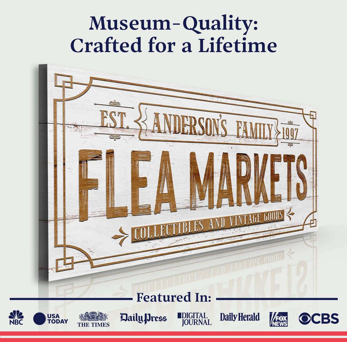 Family Flea Market Sign II canvas with weathered white wood and brown lettering Tailored Canvases on Tampa Home & Garden Store