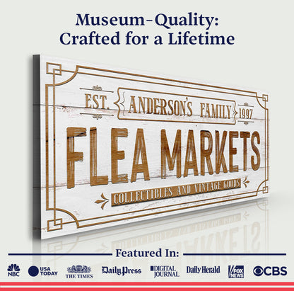 Family Flea Market Sign II canvas with weathered white wood and brown lettering Tailored Canvases on Tampa Home & Garden Store