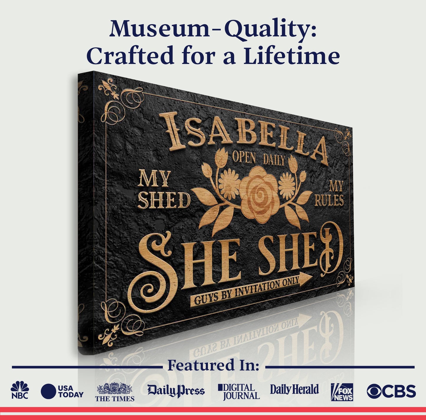 Personalized She Shed Sign Canvas with copper lettering on textured black on Tampa Home & Garden Store