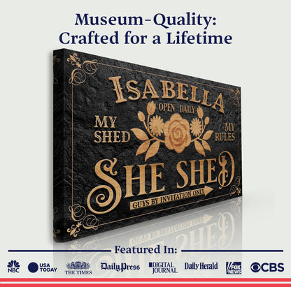 Personalized She Shed Sign Canvas with copper lettering on textured black on Tampa Home & Garden Store
