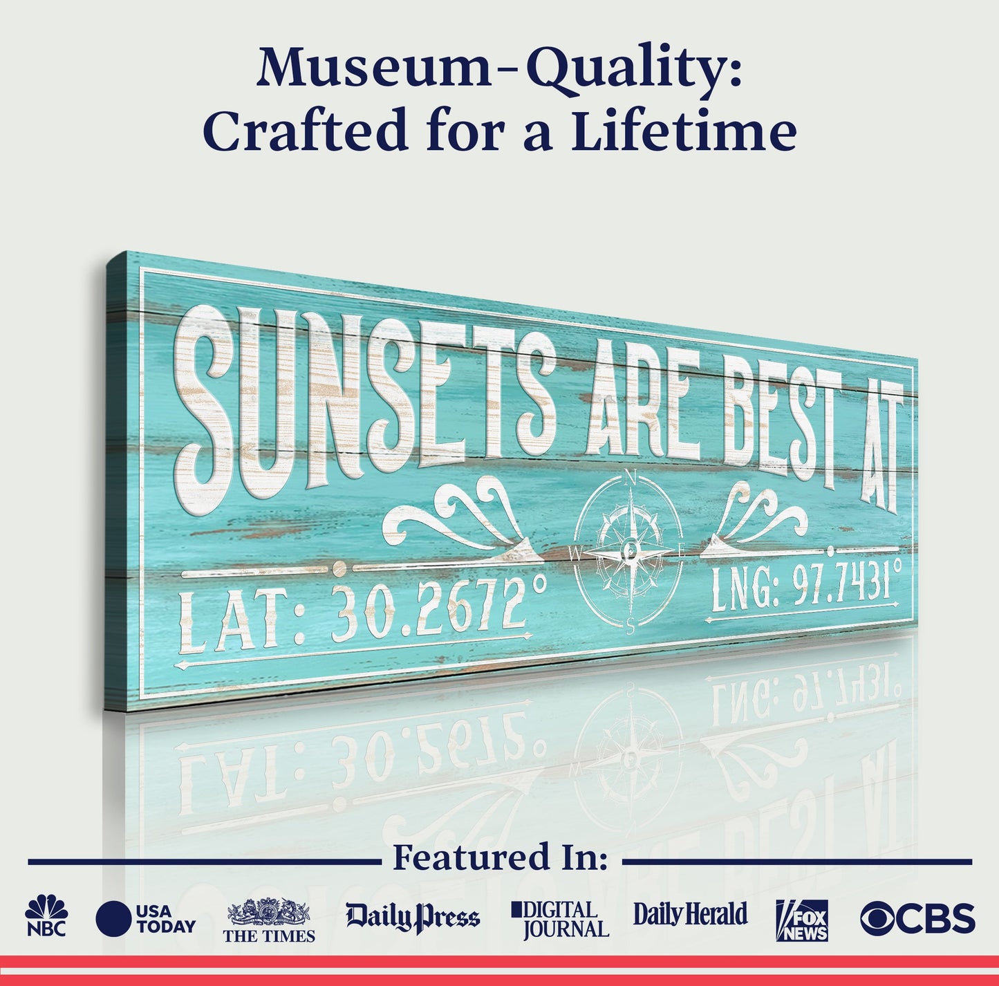 Canvas sign Sunsets Are Best At Coordinates Sign teal weathered wood Tailored Canvases on Tampa Home & Garden Store