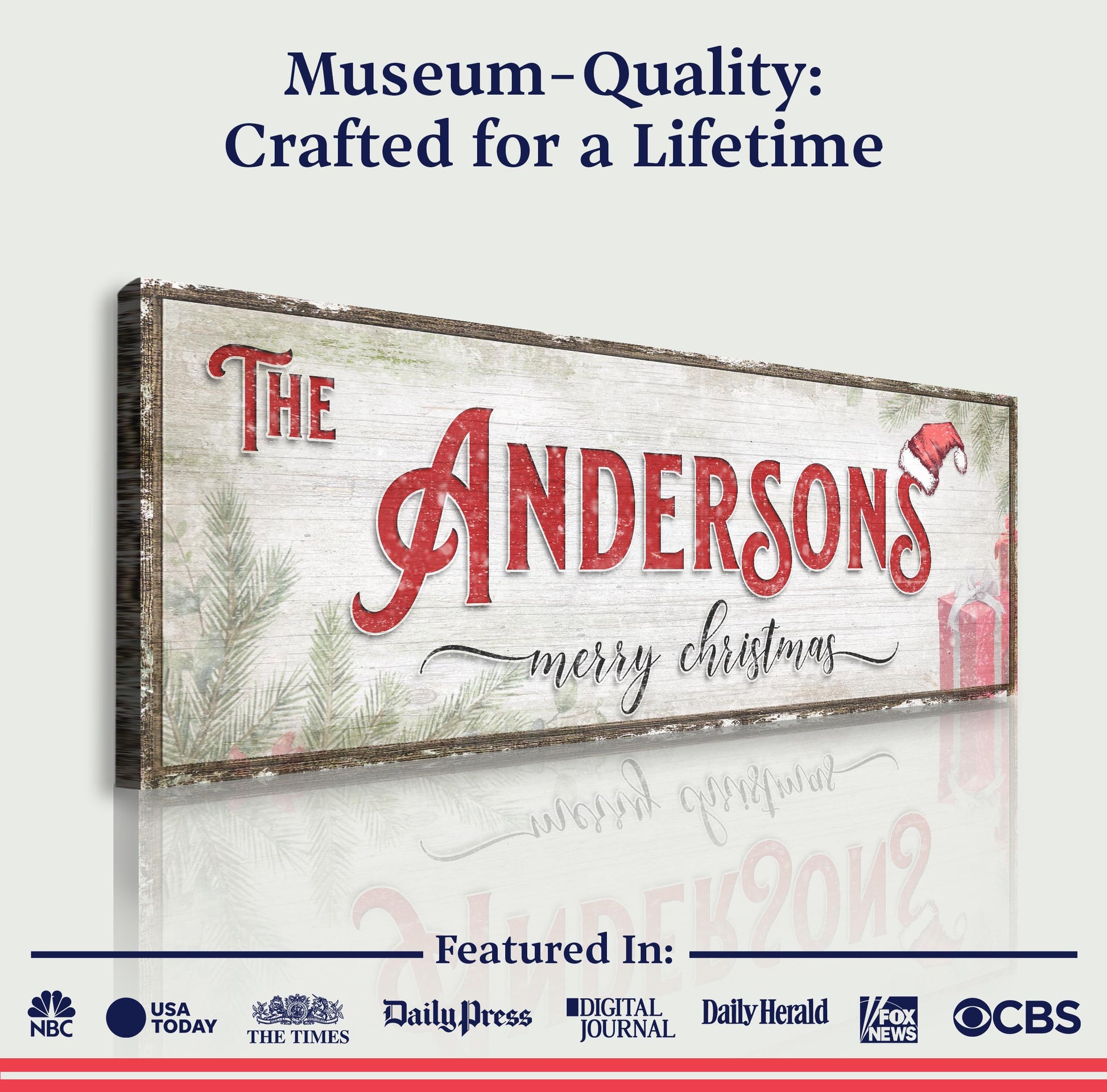 Christmas Family Name Sign V canvas by Tailored Canvases with red Andersons script on wood on Tampa Home & Garden Store