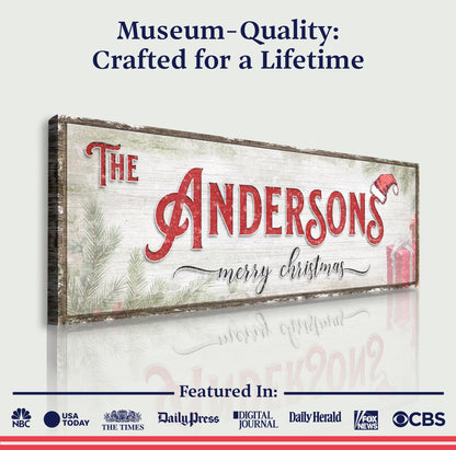 Christmas Family Name Sign V canvas by Tailored Canvases with red Andersons script on wood on Tampa Home & Garden Store
