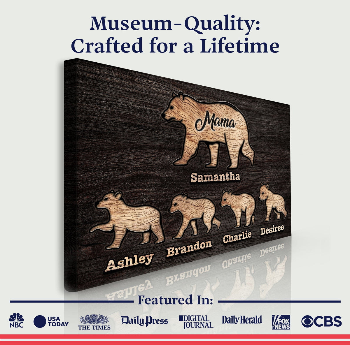 Mother Bear and Cubs canvas sign on dark wood panel with carved bear silhouettes crafting canvas on Tampa Home & Garden Store