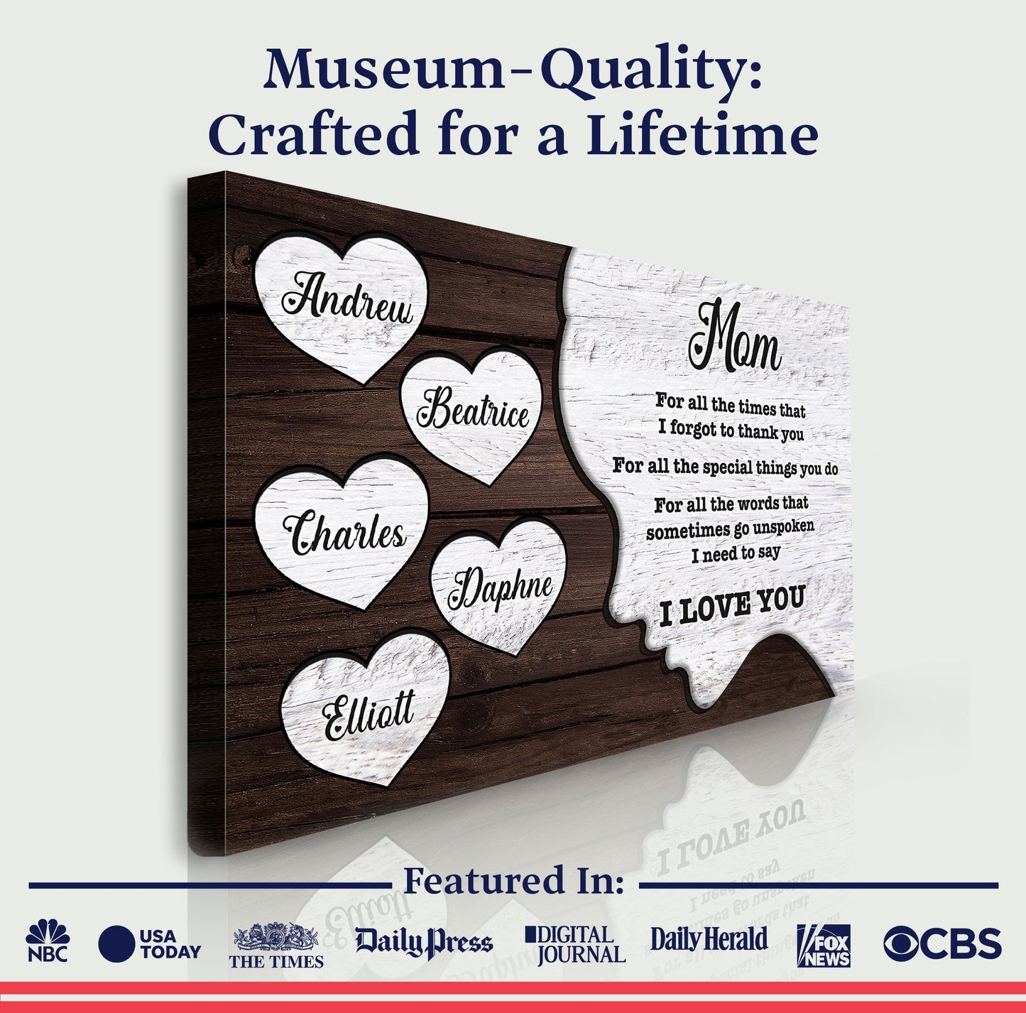 Mother's Day Sign I Need to Say I Love You canvas by Tailored Canvases with heart name plaques on Tampa Home & Garden Store