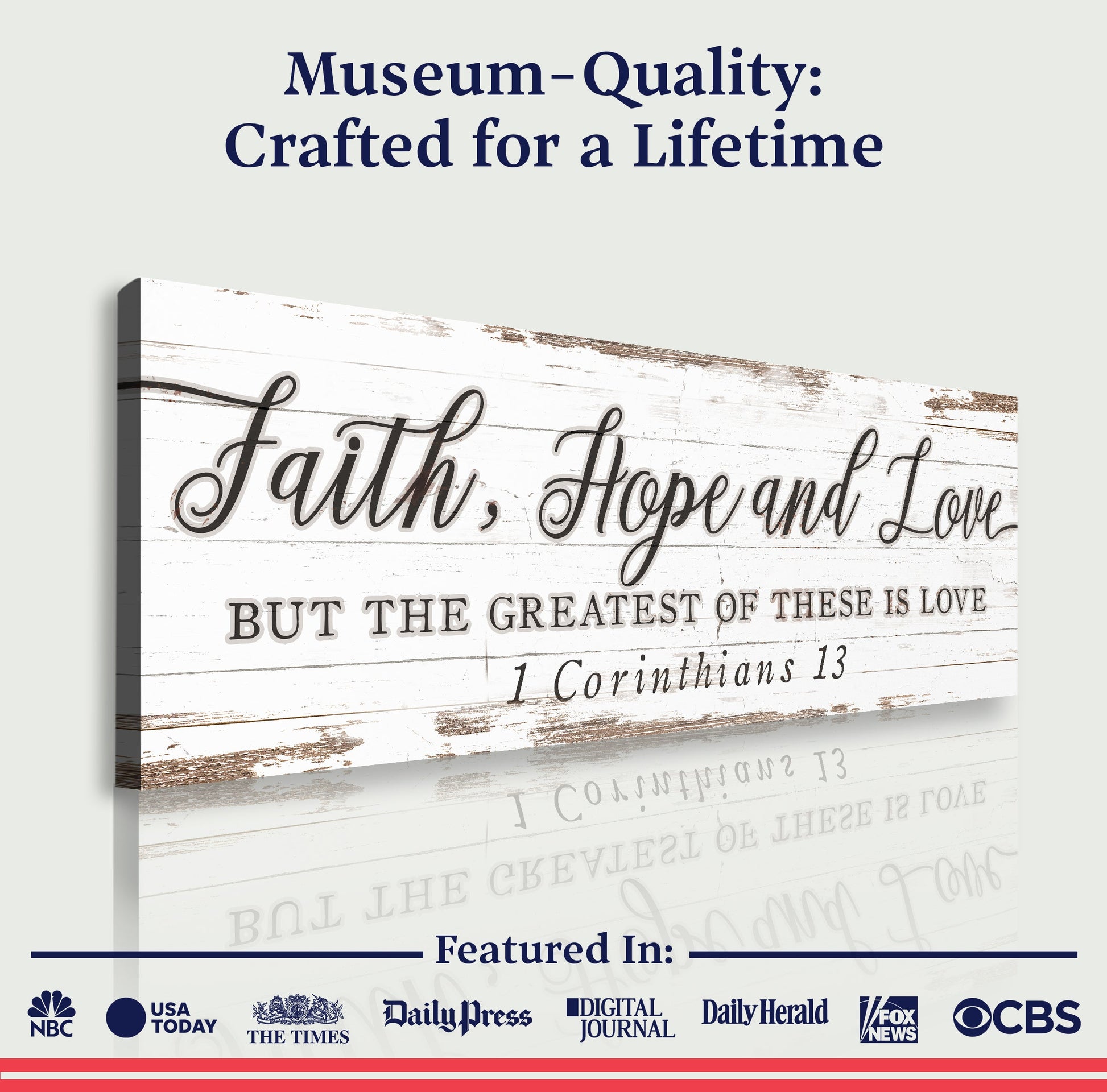 Faith Hope And Love canvas sign 1 Corinthians 13 by Tailored Canvases with rustic whitewashed wood backdrop on Tampa Home & Garden Store