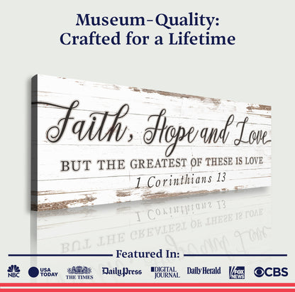 Faith Hope And Love canvas sign 1 Corinthians 13 by Tailored Canvases with rustic whitewashed wood backdrop on Tampa Home & Garden Store