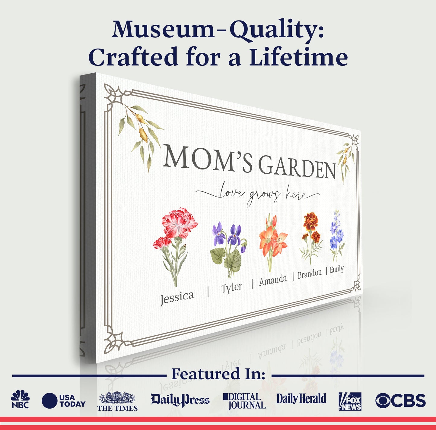 Mother's Day canvas sign Love Grows Here Mom's Garden by Tailored Canvases with floral border on Tampa Home & Garden Store