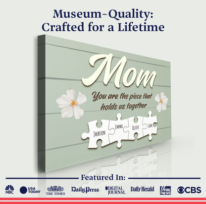 Canvas Mother's Day Sign Tailored Canvases with Mom script and puzzle pieces on signboard on Tampa Home & Garden Store