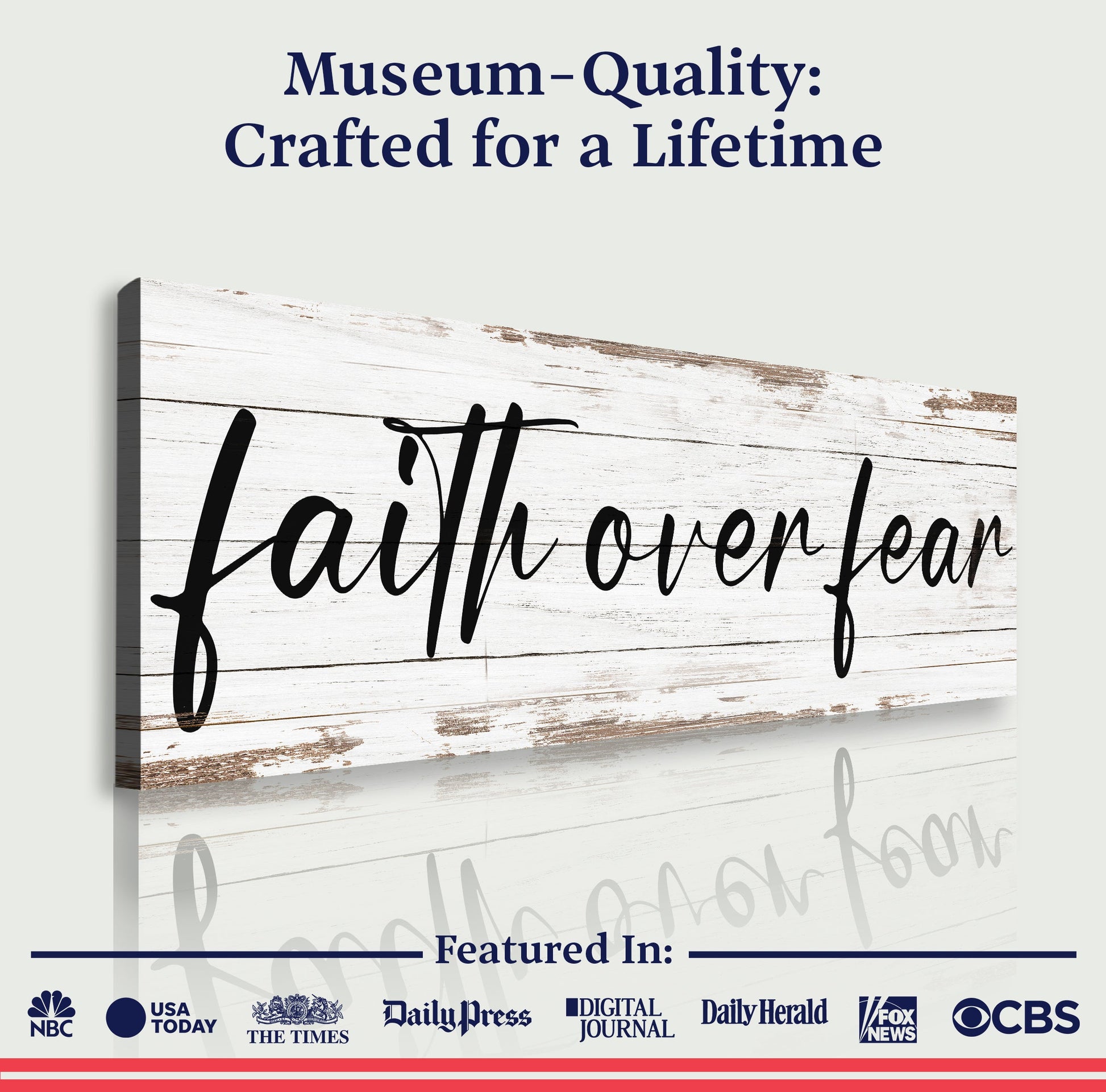 Faith Over Fear Faith Sign III canvas by Tailored Canvases on distressed wood with black script on Tampa Home & Garden Store