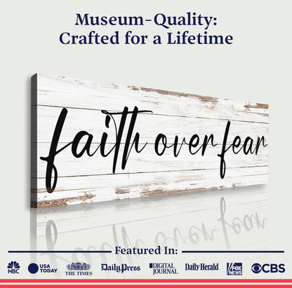 Faith Over Fear Faith Sign III canvas by Tailored Canvases on distressed wood with black script on Tampa Home & Garden Store