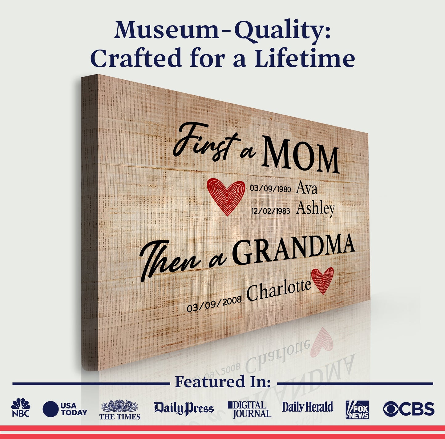 Mother's Day Sign Canvas First a MOM, rustic woodgrain with heart, Tailored Canvases on Tampa Home & Garden Store