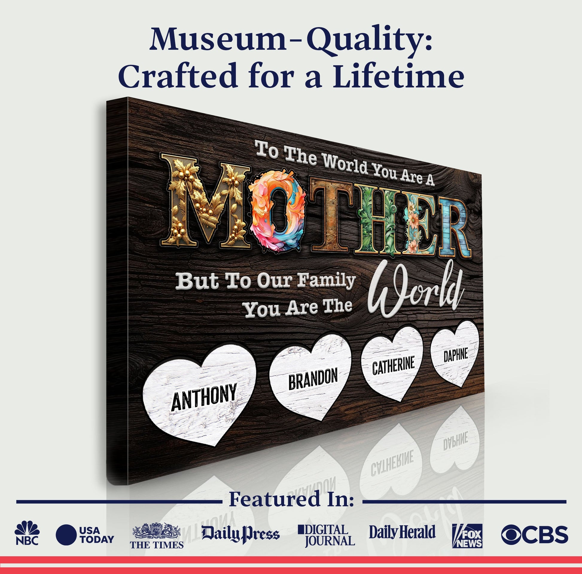 Mother's Day Sign Canvas by Tailored Canvases with dark wood grain reading To Our Family You Are The World on Tampa Home & Garden Store