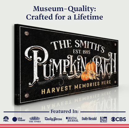 Harvest Memories Here Pumpkin Patch Sign canvas with distressed black background on Tampa Home & Garden Store