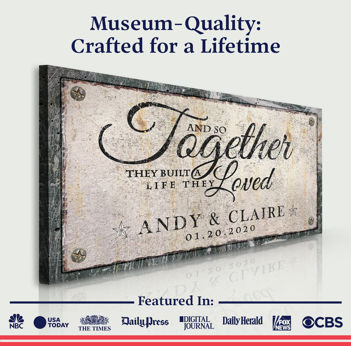 Together Sign IV canvas by Tailored Canvases; distressed vintage plaque with script and names on Tampa Home & Garden Store