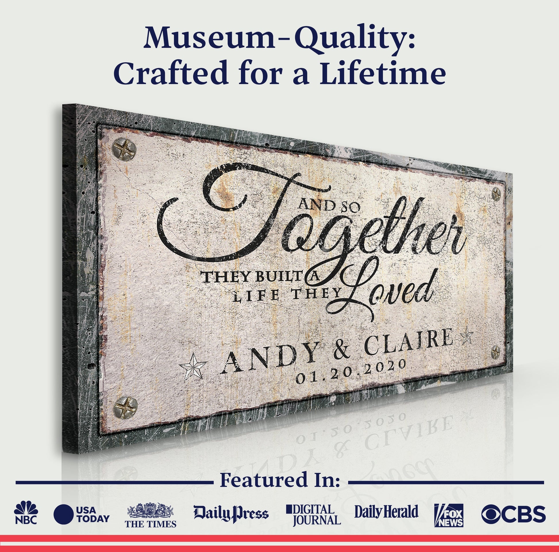 Together Sign IV canvas by Tailored Canvases; distressed vintage plaque with script and names on Tampa Home & Garden Store