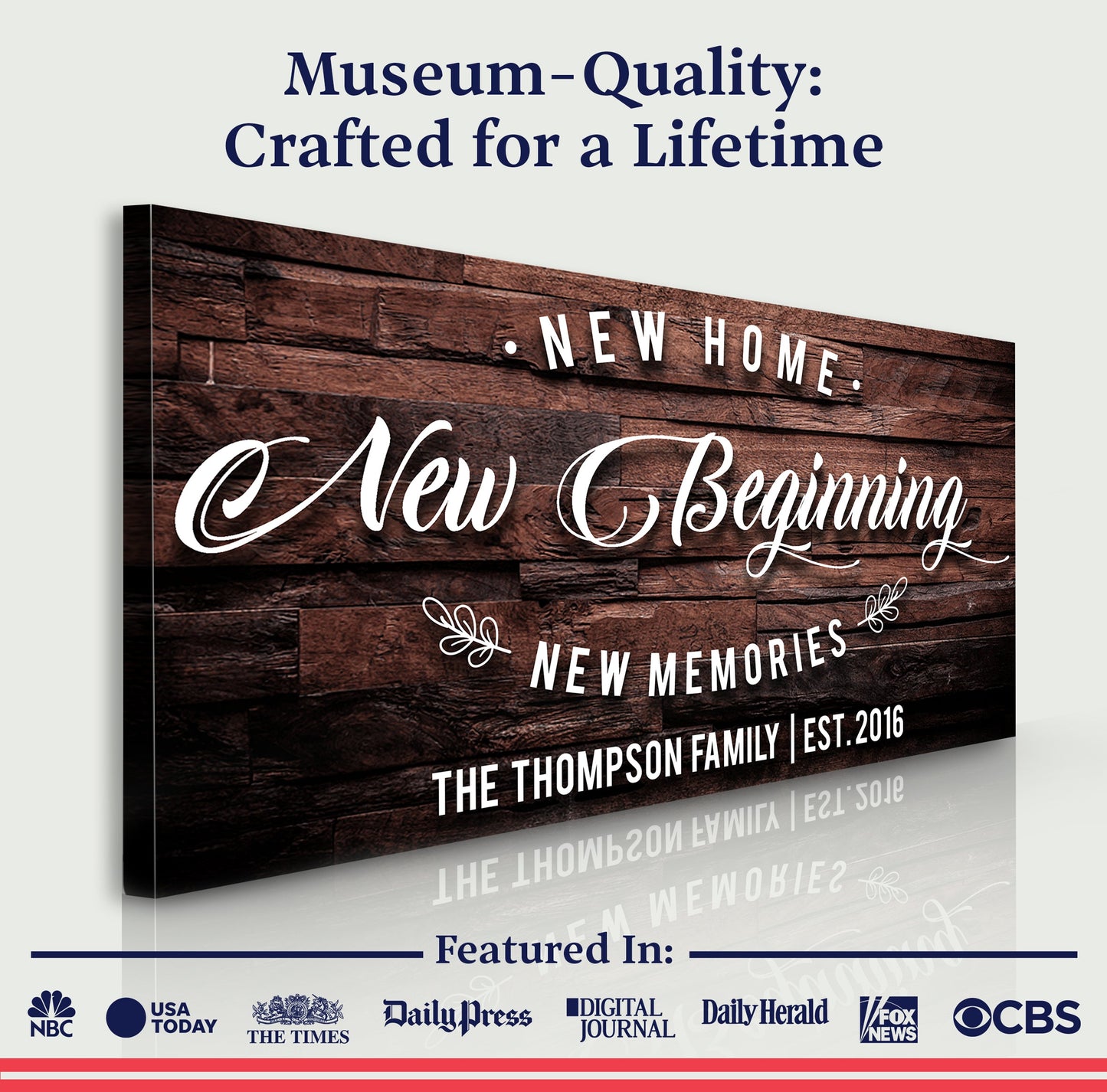 New Home Sign III canvas with rustic wood backdrop and script lettering Tailored Canvases on Tampa Home & Garden Store