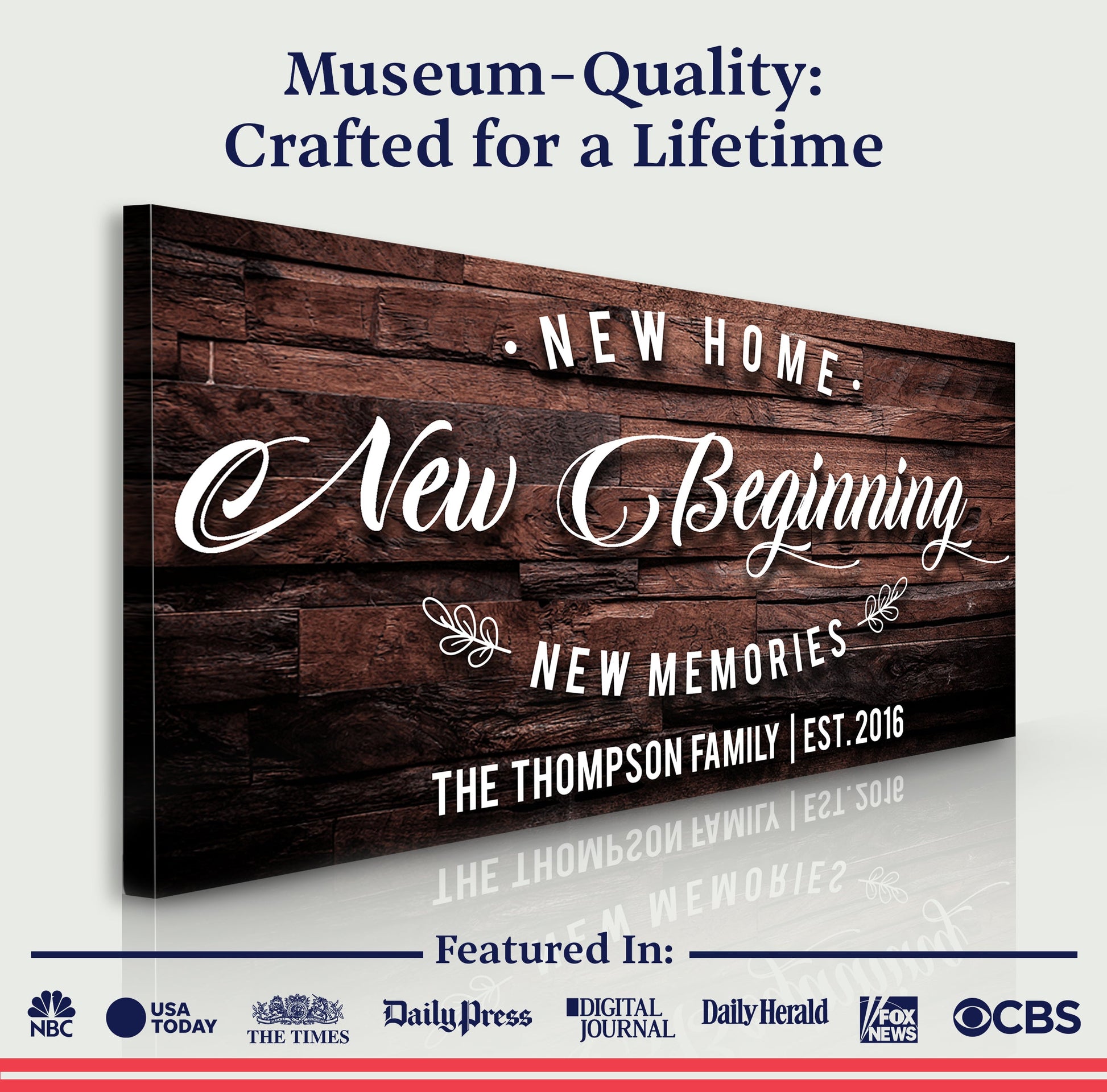 New Home Sign III canvas with rustic wood backdrop and script lettering Tailored Canvases on Tampa Home & Garden Store