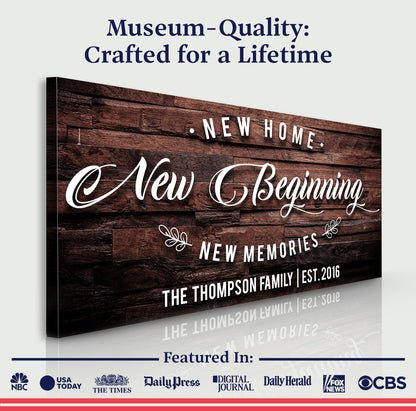 New Home Sign III canvas with rustic wood backdrop and script lettering Tailored Canvases on Tampa Home & Garden Store