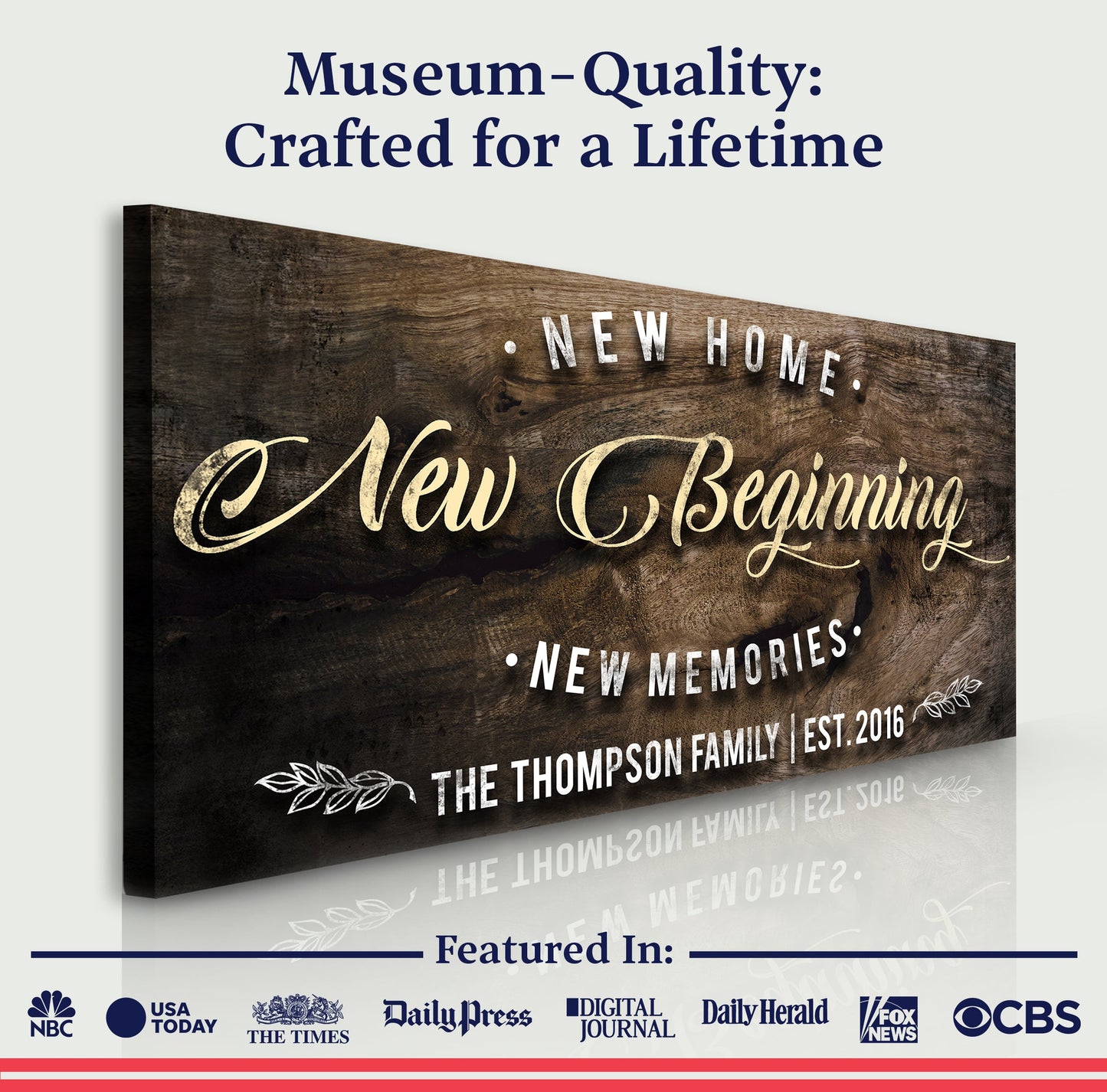 New Home Sign II canvas with rustic wood plank backdrop and white scripted lettering on Tampa Home & Garden Store