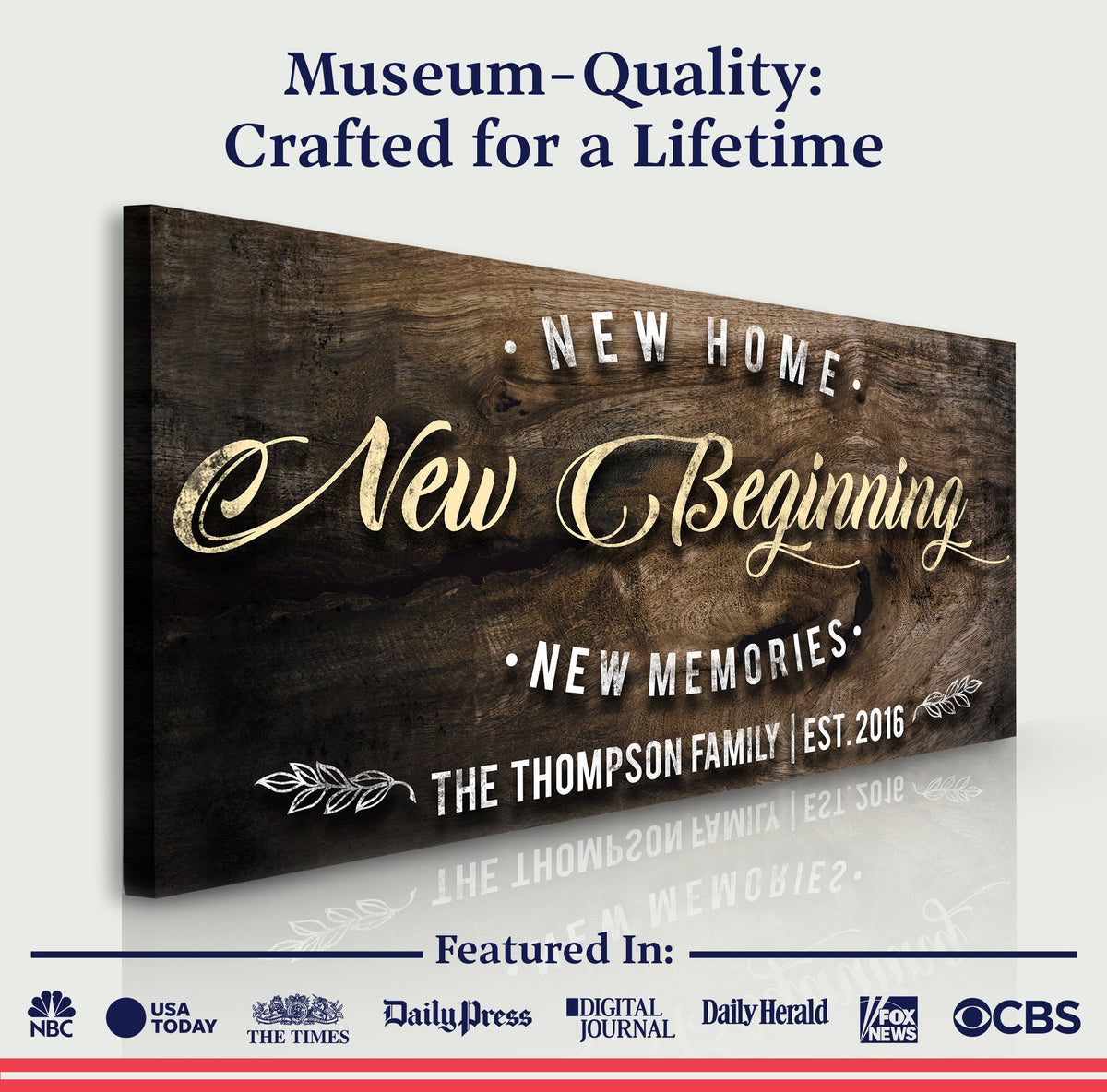 New Home Sign II canvas with rustic wood plank backdrop and white scripted lettering on Tampa Home & Garden Store