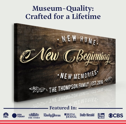New Home Sign II canvas with rustic wood plank backdrop and white scripted lettering on Tampa Home & Garden Store