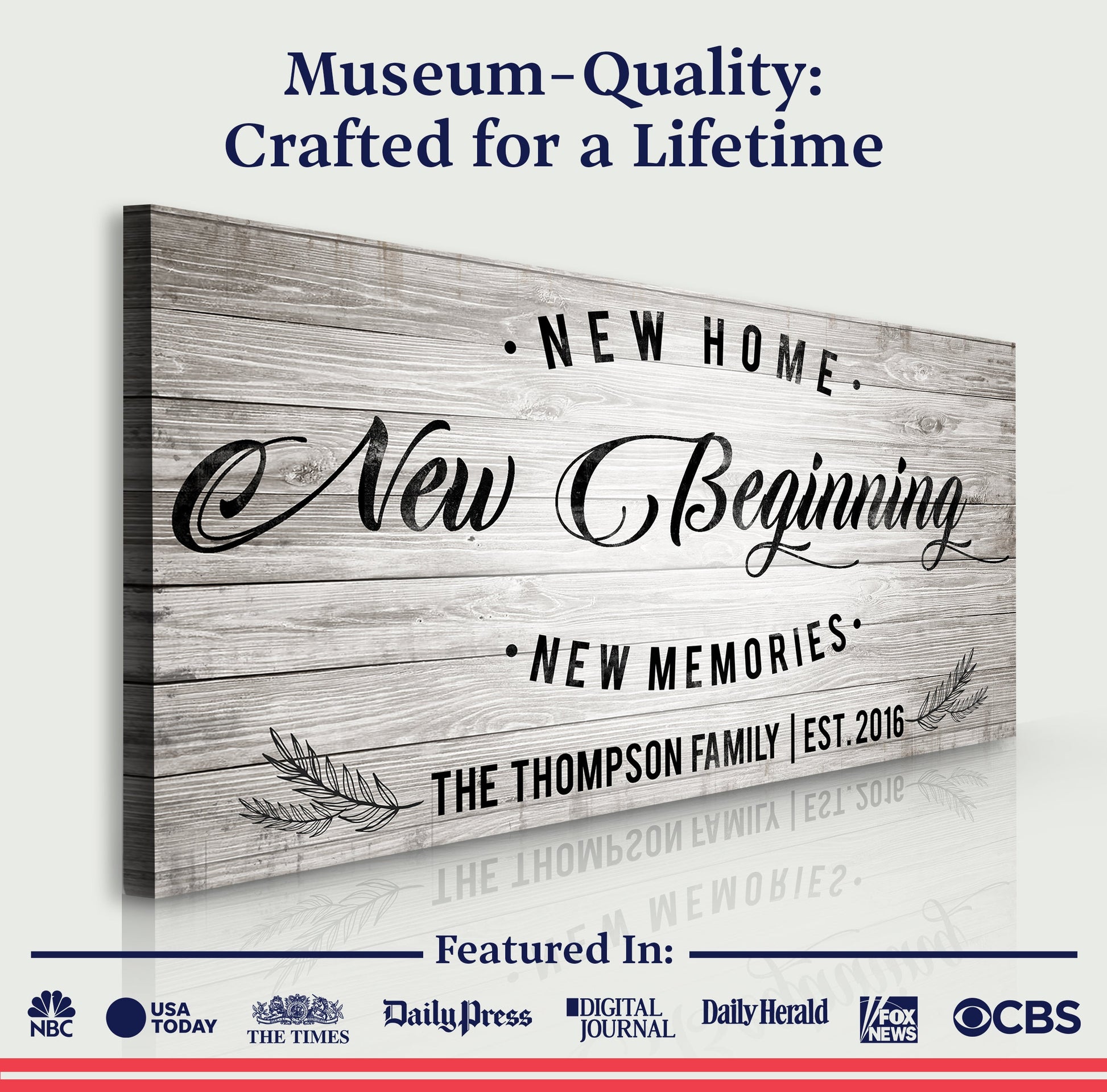 New Home Sign canvas on rustic weathered wood with bold lettering by Tailored Canvases on Tampa Home & Garden Store