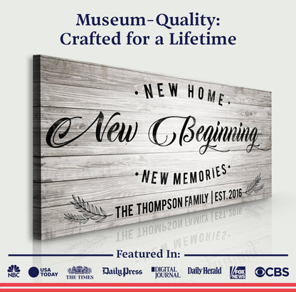 New Home Sign canvas on rustic weathered wood with bold lettering by Tailored Canvases on Tampa Home & Garden Store