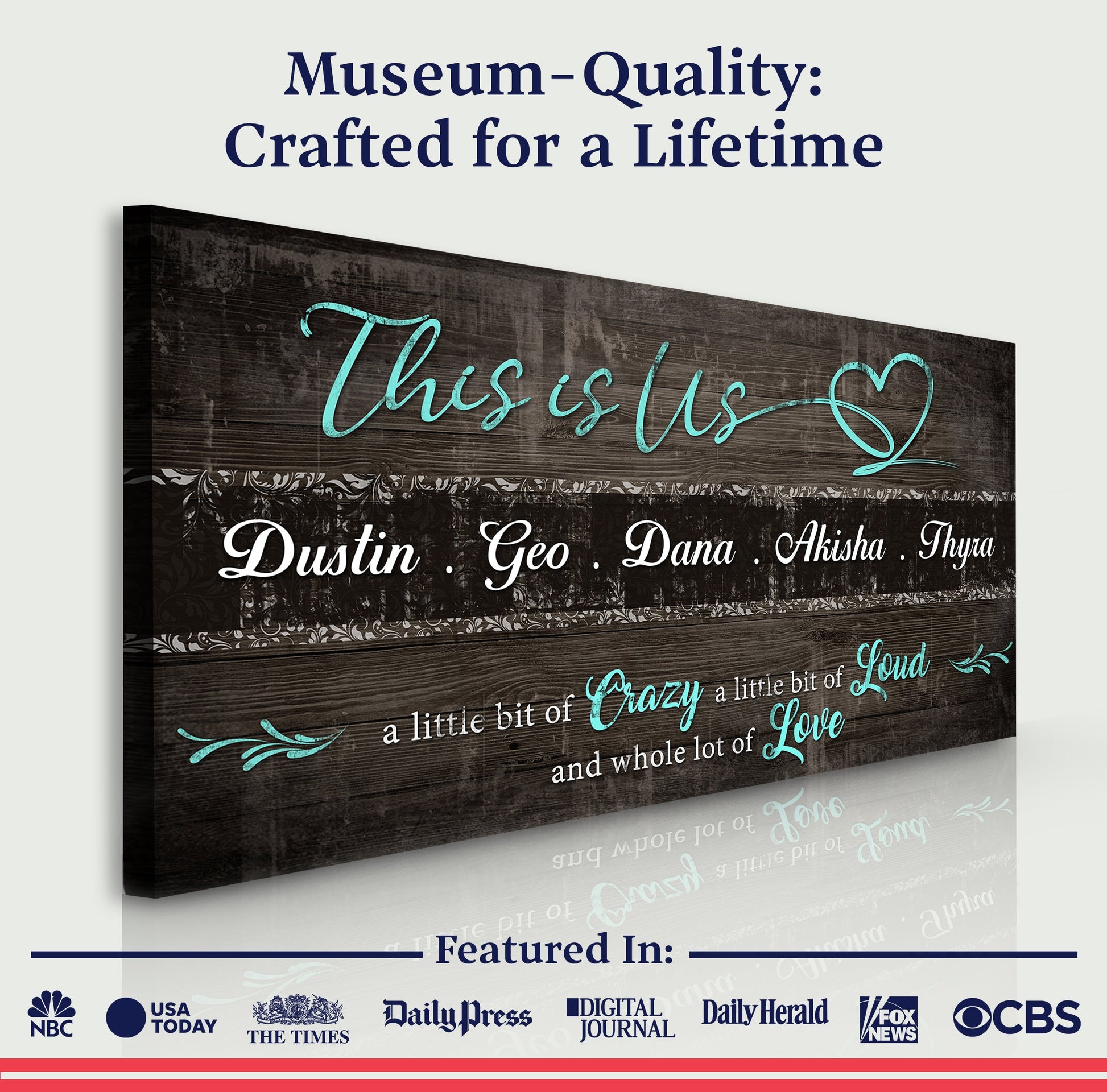 This is Us Family Sign canvas by Tailored Canvases; teal cursive text on dark woodgrain backdrop on Tampa Home & Garden Store