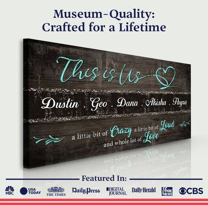 This is Us Family Sign canvas by Tailored Canvases; teal cursive text on dark woodgrain backdrop on Tampa Home & Garden Store
