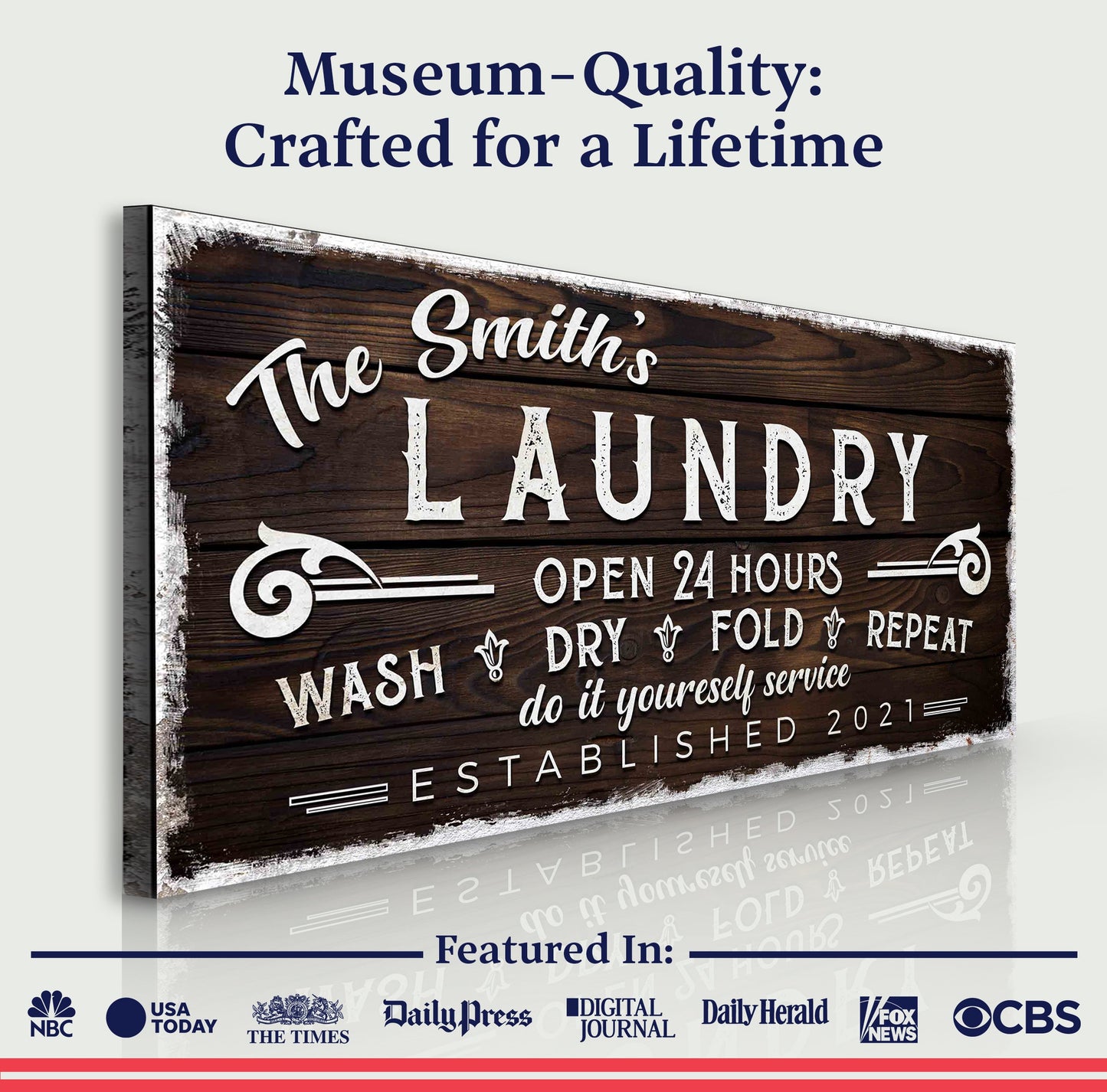Canvas sign Personalized Laundry Room Sign III with wood panel design and white lettering by Tailored Canvases on Tampa Home & Garden Store
