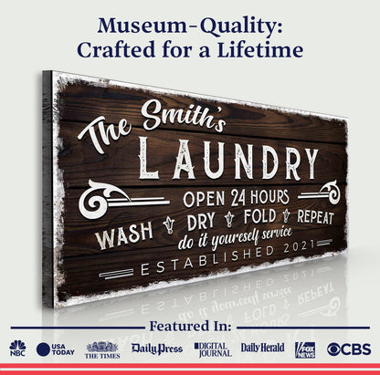 Canvas sign Personalized Laundry Room Sign III with wood panel design and white lettering by Tailored Canvases on Tampa Home & Garden Store