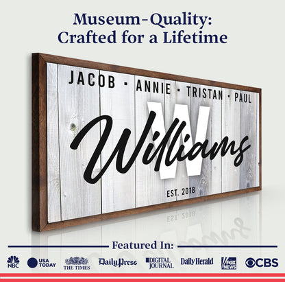 Family Wood Sign canvas by Tailored Canvases; rustic frame, white boards, Williams script on Tampa Home & Garden Store