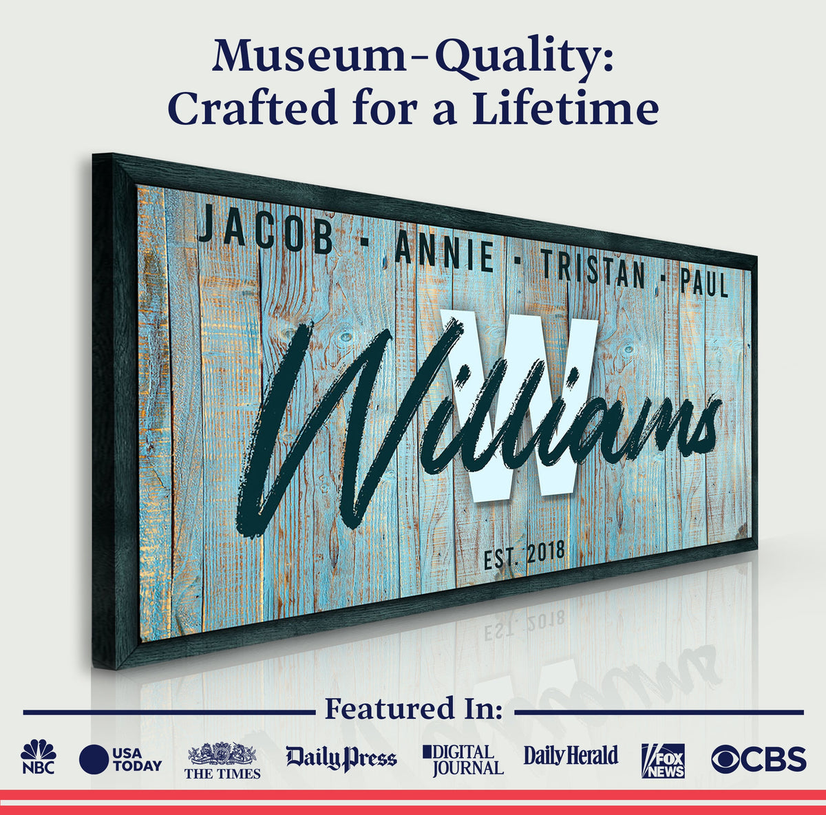 Family Wood Sign IV canvas by Tailored Canvases on weathered blue wood with bold script on Tampa Home & Garden Store