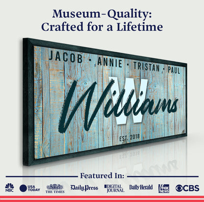 Family Wood Sign IV canvas by Tailored Canvases on weathered blue wood with bold script on Tampa Home & Garden Store