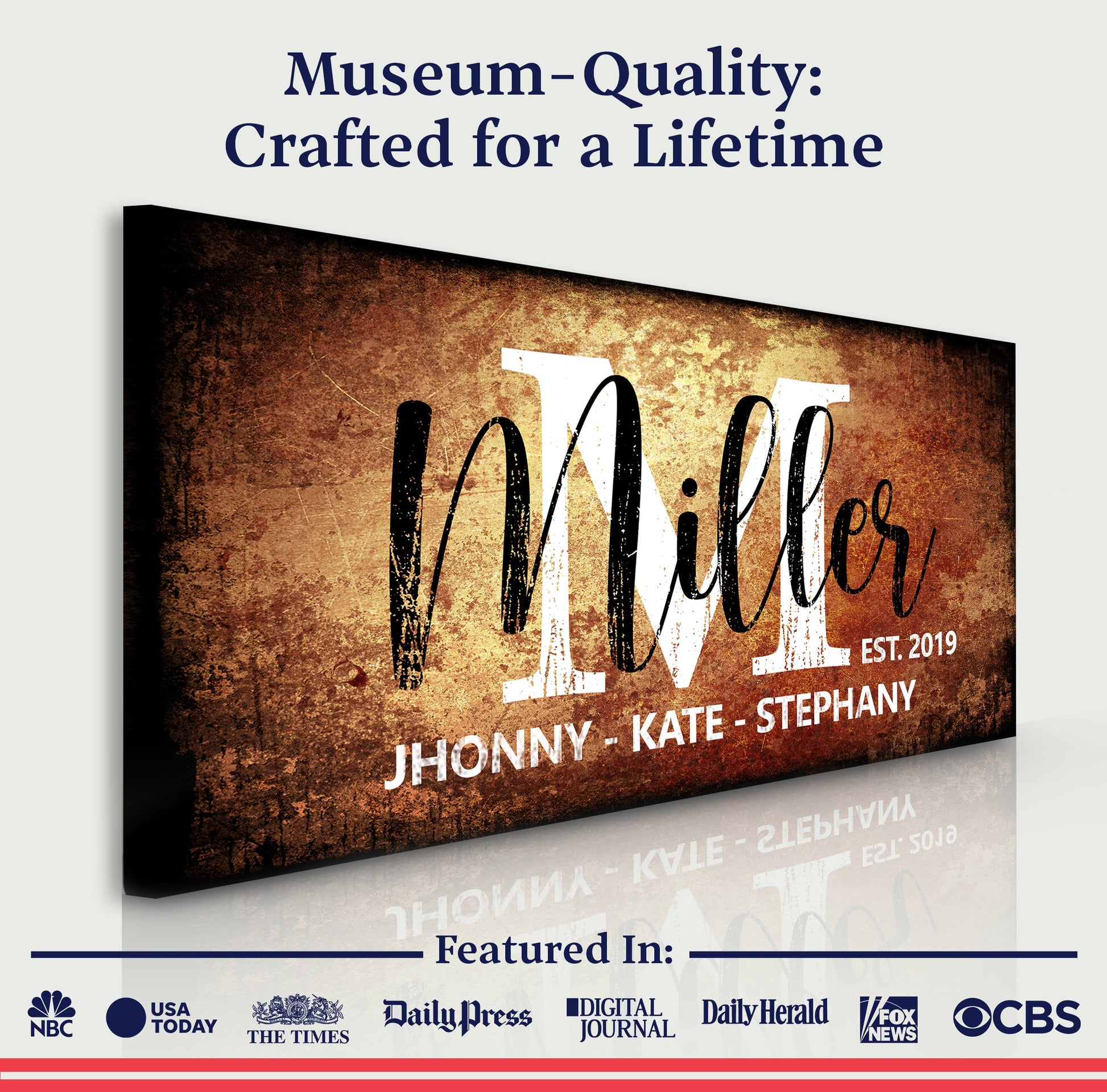 Family Sign XVII canvas by Tailored Canvases with brown rustic texture and white script on Tampa Home & Garden Store