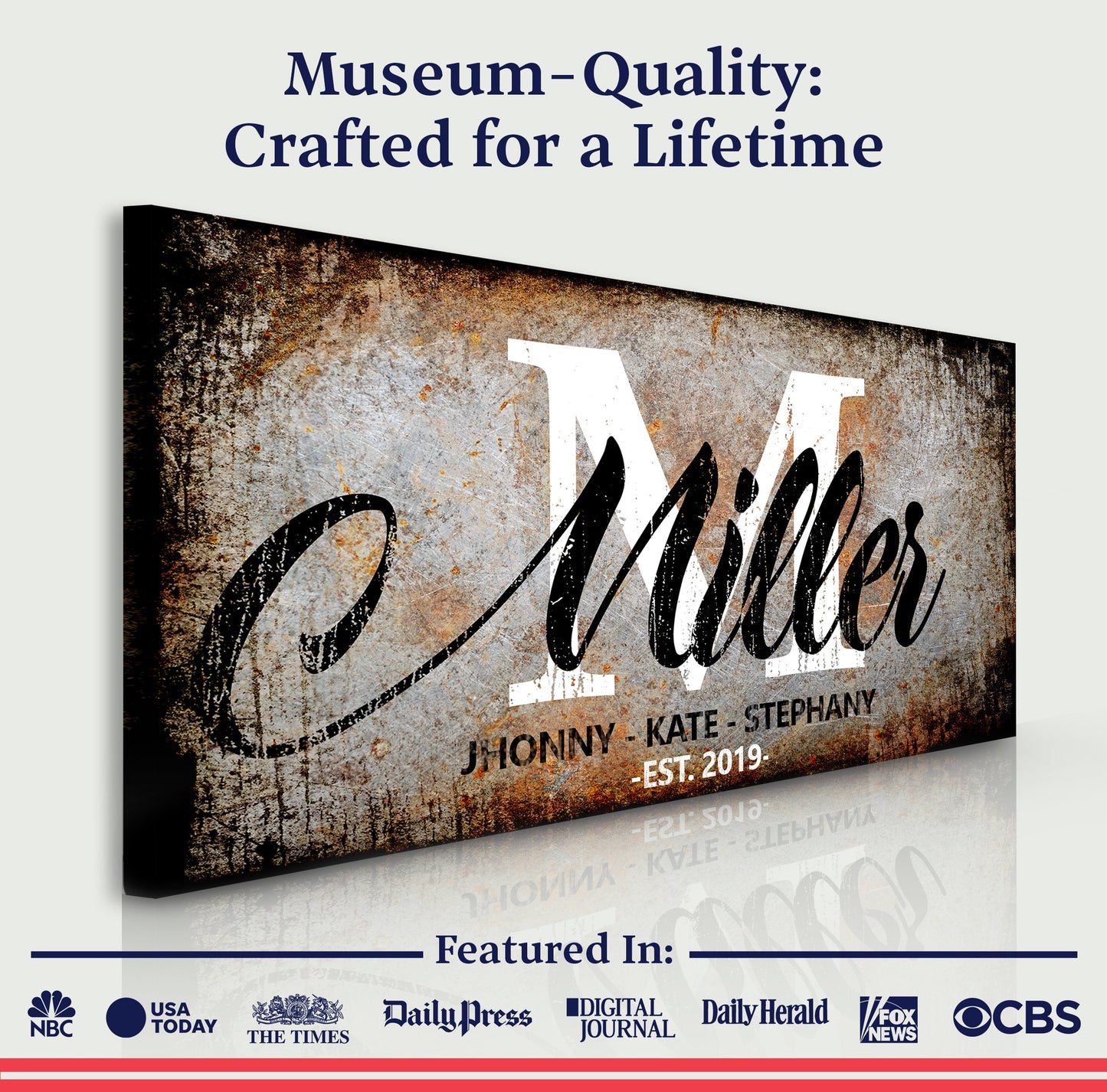 Family Last Name Sign canvas with rustic distressed backdrop and large cursive surname Miller Tailored Canvases on Tampa Home & Garden Store
