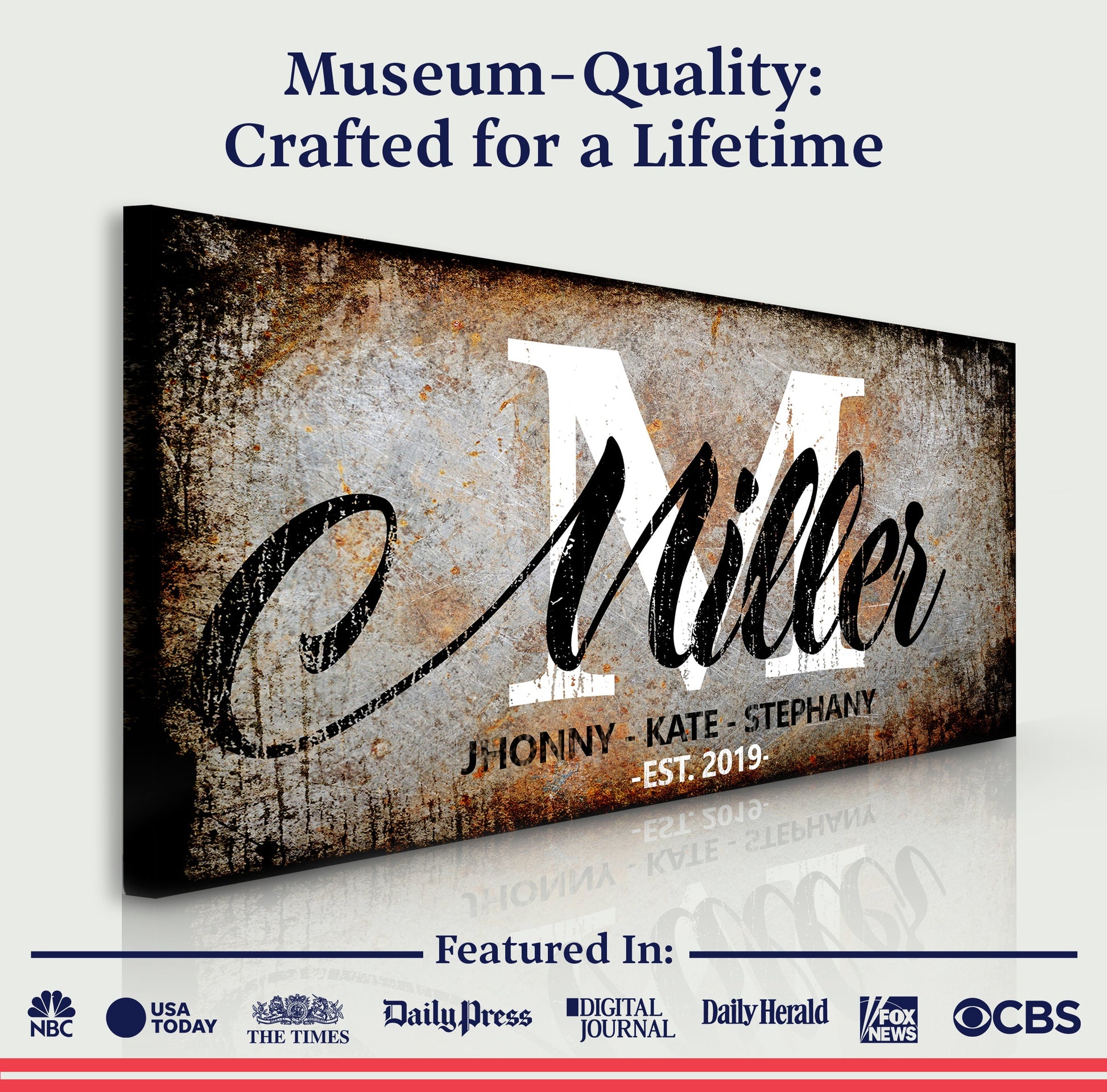 Family Last Name Sign canvas with rustic distressed backdrop and large cursive surname Miller Tailored Canvases on Tampa Home & Garden Store