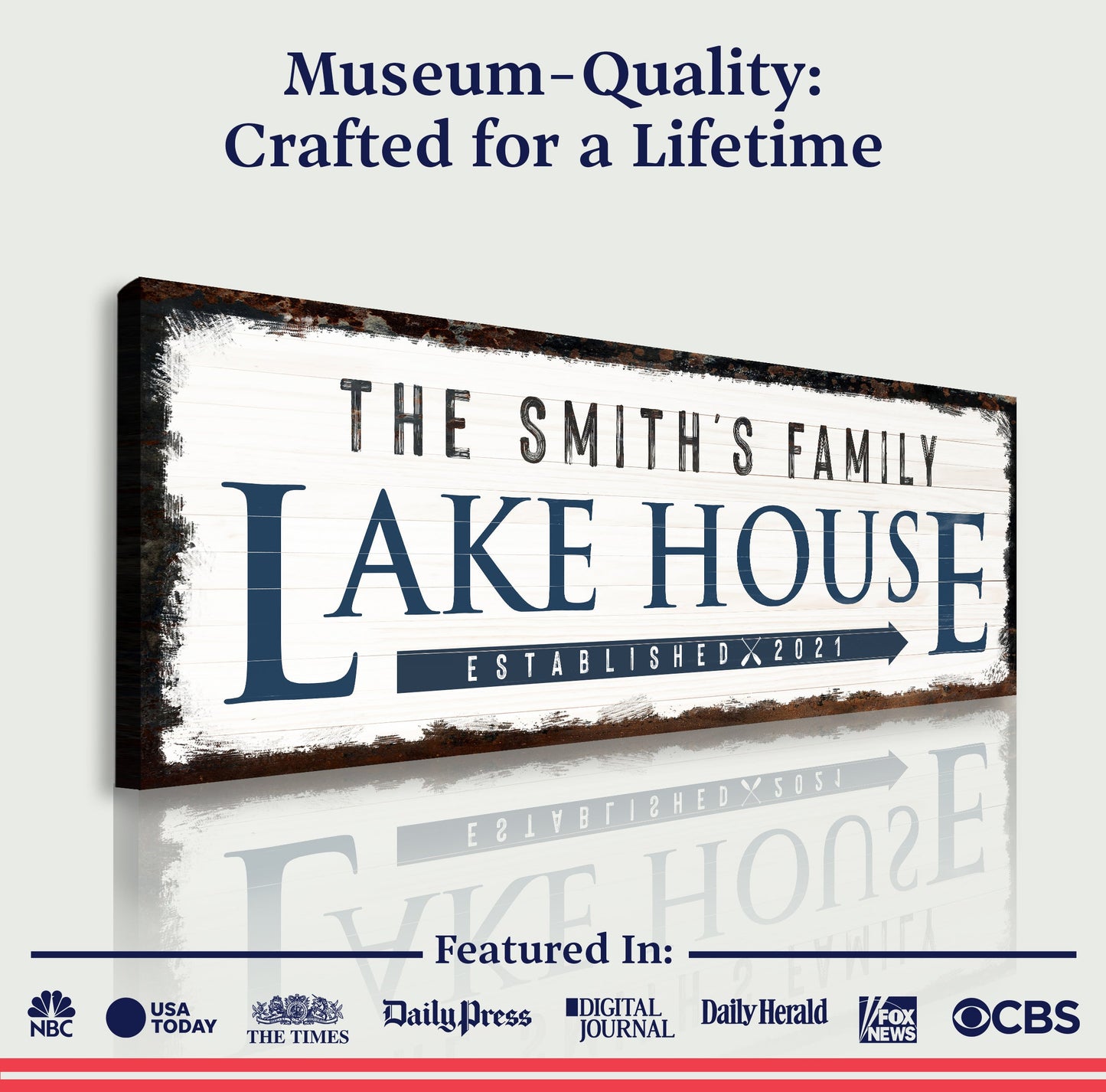 Canvas sign Family Lake House Arrow with a rusted border frame by Tailored Canvases on Tampa Home & Garden Store