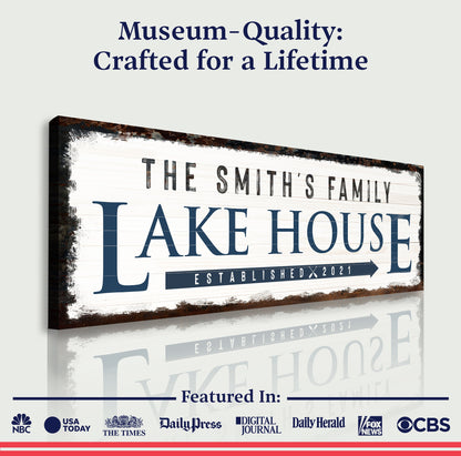 Canvas sign Family Lake House Arrow with a rusted border frame by Tailored Canvases on Tampa Home & Garden Store