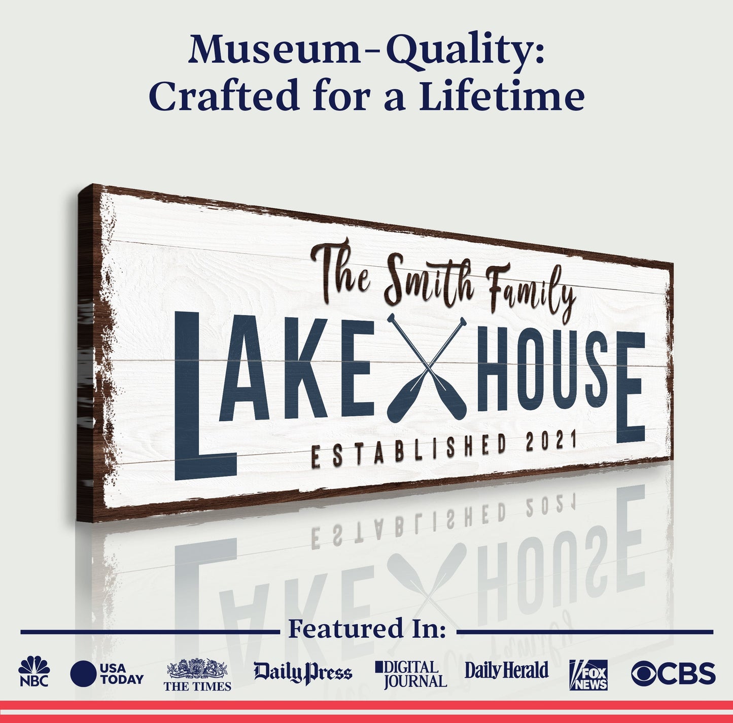 Family Lake House Arrow Sign II canvas with rustic wood background and navy lettering on Tampa Home & Garden Store